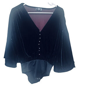 Zara Black Velvet Velour Bell Sleeve Bodysuit Size S silver buttons goth glam